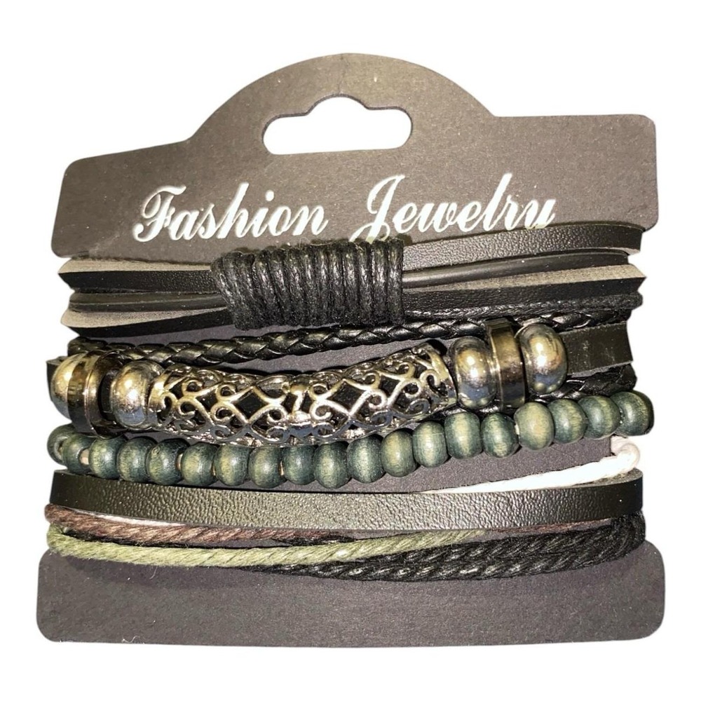 Men's Layered Leather Wrap Bracelet Wood Beads Black Green Adjustable Boho